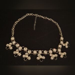 Daisy Silver Tone Floral Rhinestone Enamel Pearl Necklace Choker  Jewelry